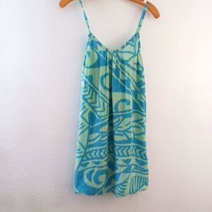 La Tropicale Blue Green White Monstera Print  Spaghetti strapn VNeck Dress OS